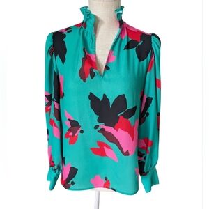 CROSBY By Mollie Burch Long Blouse Floral Green Pink Black ruffle v-neck top XS
